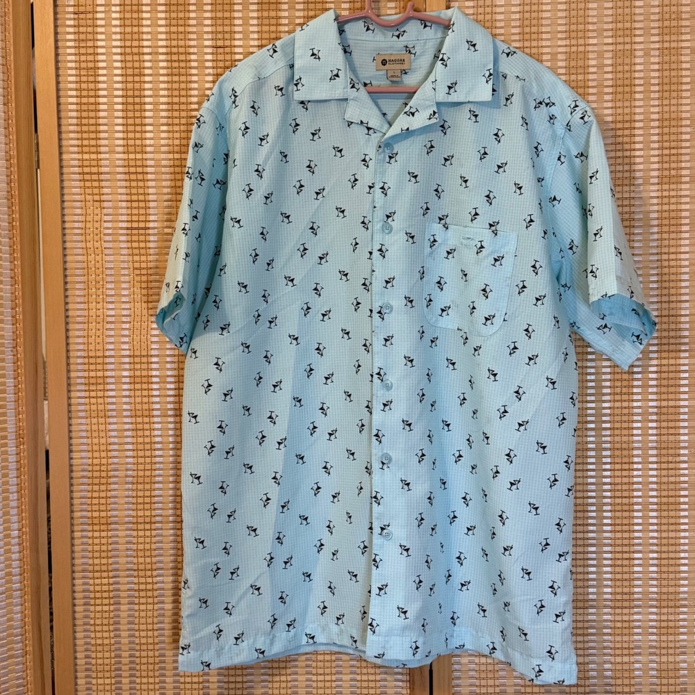 Haggar Mens Martini Glass Print Button Down Shirt Blue Seersucker Short Sleeve L